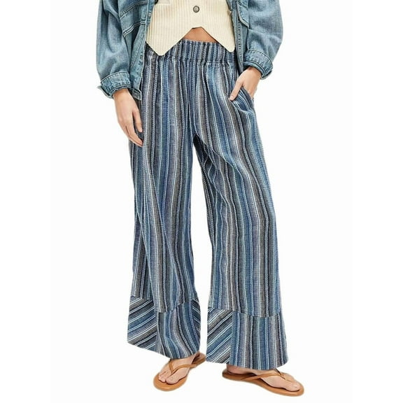 Women'S Striped Pants High Waist Wide Leg Cotton and Linen Fashion Beach Elastic Waist Casual Flowing Pants Blue XXL