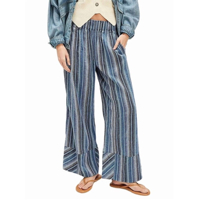 Pantalones de Rayas para Mujer, Cintura Alta, Pierna , Algodón y , Moda Playera, Cintura Elástica, Pantalones Casuales Sueltos. Azul M