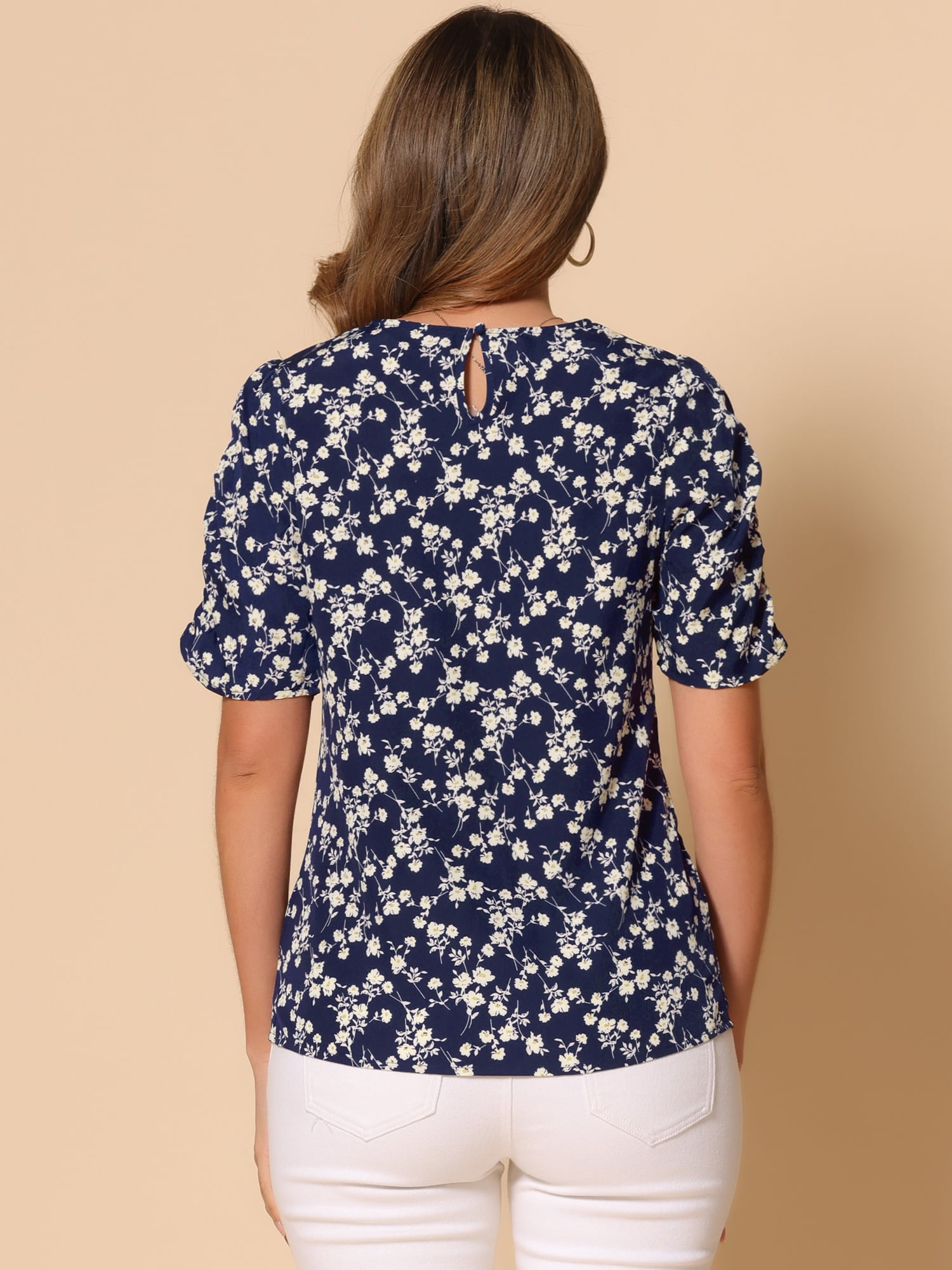 DARING DIVA Floral Crew Neck Shirred Short Sleeve Casual Top S Dark Blue White