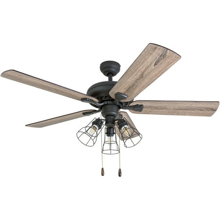Monte Carlo Bronze Flush Mount Ceiling Fan - Prominence Home 50745-35 Lincoln Woods Farmhouse 52-Inch Aged Bronze Indoor Ceiling Fan, Cage LED Cage Barnwood/Tumbleweed Blades and 3 speed remote