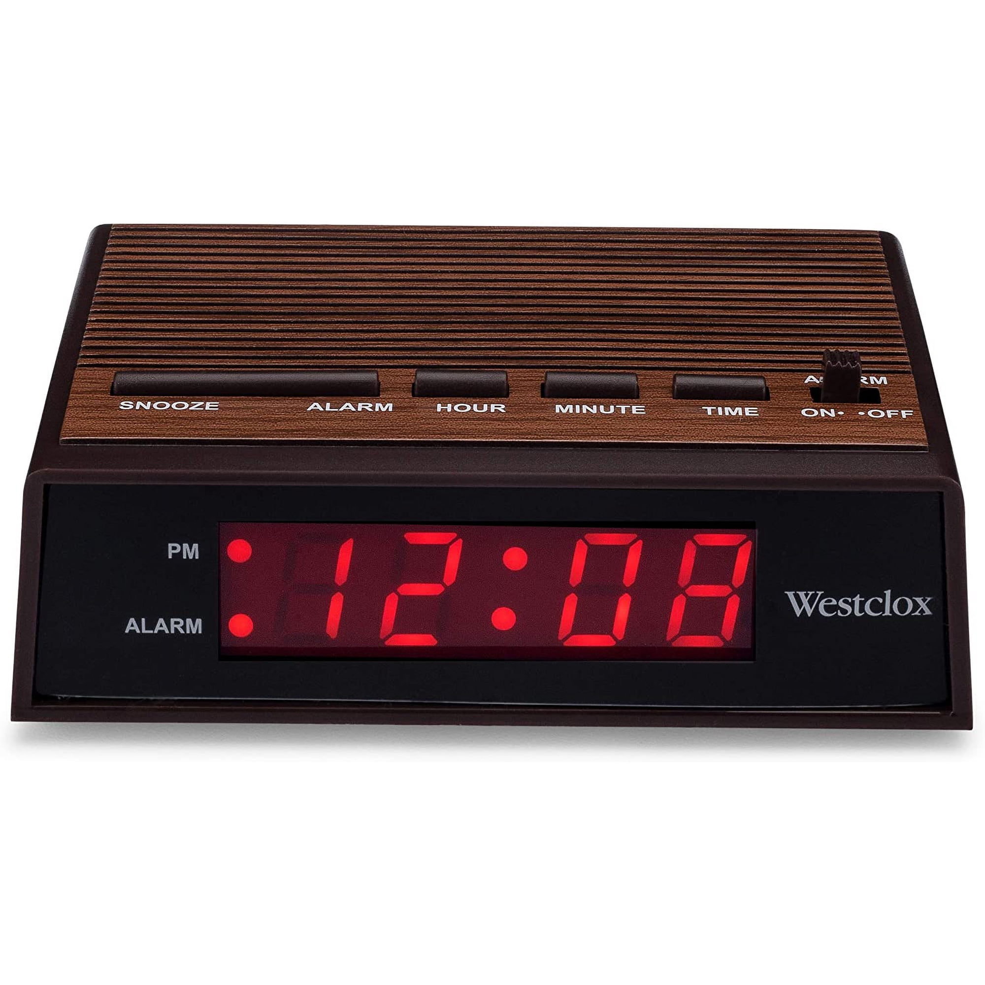 Retro Wood Style Small Night Table Alarm Clock with Red LED Display, 9-Minute Snooze, Battery Backup, Easy Electric Operation for Bedroom, Home or Office – Woodgrain