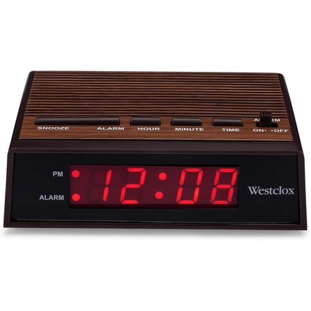 Retro Wood Style Small Night Table Alarm Clock with Red LED Display 9-Minute Snooze Battery Backup Easy Electric Operation for Bedroom Home or Office – Woodgrain