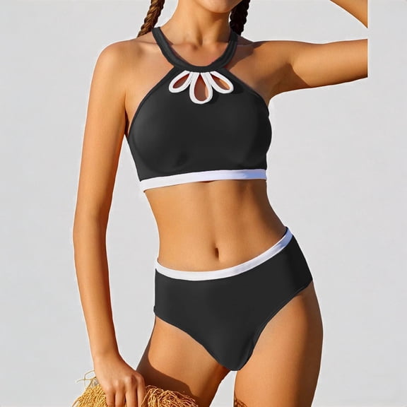 Krdevn Girls 2 Piece Bikini Swimsuit Set, Halter Cutout Crop Top with High Waist Bottoms for Beach Pool Summer,10-11 Years