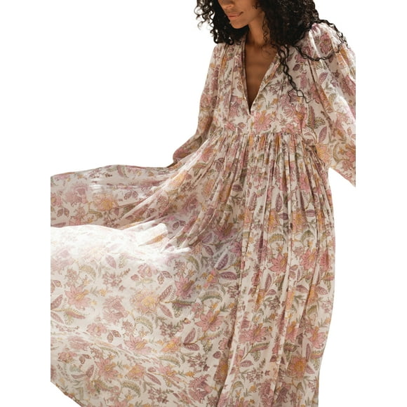 SUNSIOM Women Long Dress, 3/4 Sleeve Dress V Neck Floral Loose Summer Casual High Waist Long Party Beach Flowy Maxi Dresses