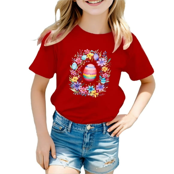 PMVFHDE T-Shirt Décontracté de Pâques pour Filles avec Lapin Adorable et Design d'Œuf Festif pour Célébrations Printanières Rouge, 3-4 Ans