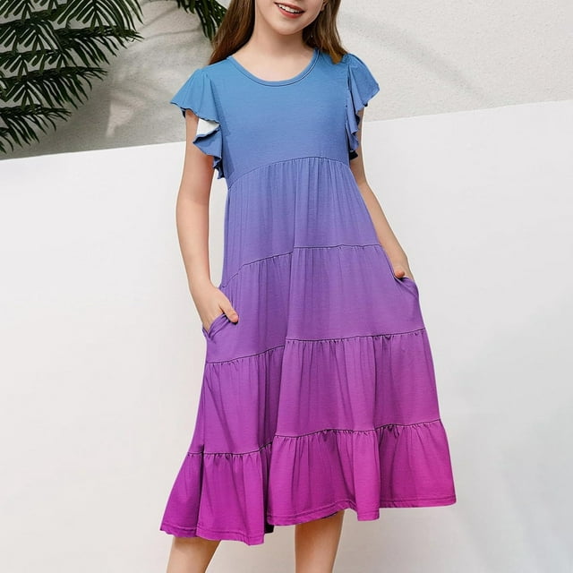 FYDUU Robe Décontractée pour Fille Robes d'Été pour Fille Couleur Dégradée Manche à Volants Évasée Fluide Midi Robe Soleil Confortable Robes de Plage 10-11 Ans