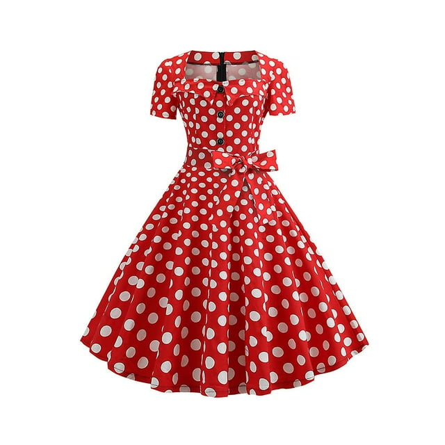 Women Dress Polka Dot Retro Rockabilly Short Sleeve A-line Sundress zhangyuxiang LED