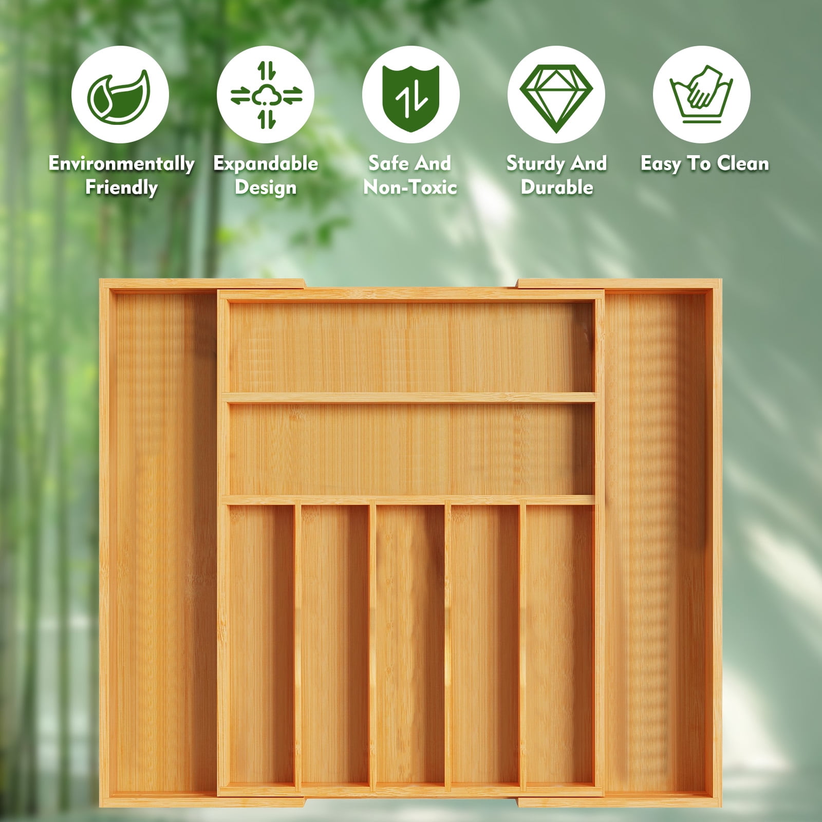 GIRACOA Expandable Bamboo Silverware Drawer Organizer, 9-Compartment Adjustable Utensil Tray, Large Wood Cutlery & Flatware Holder for Kitchen and Home Use