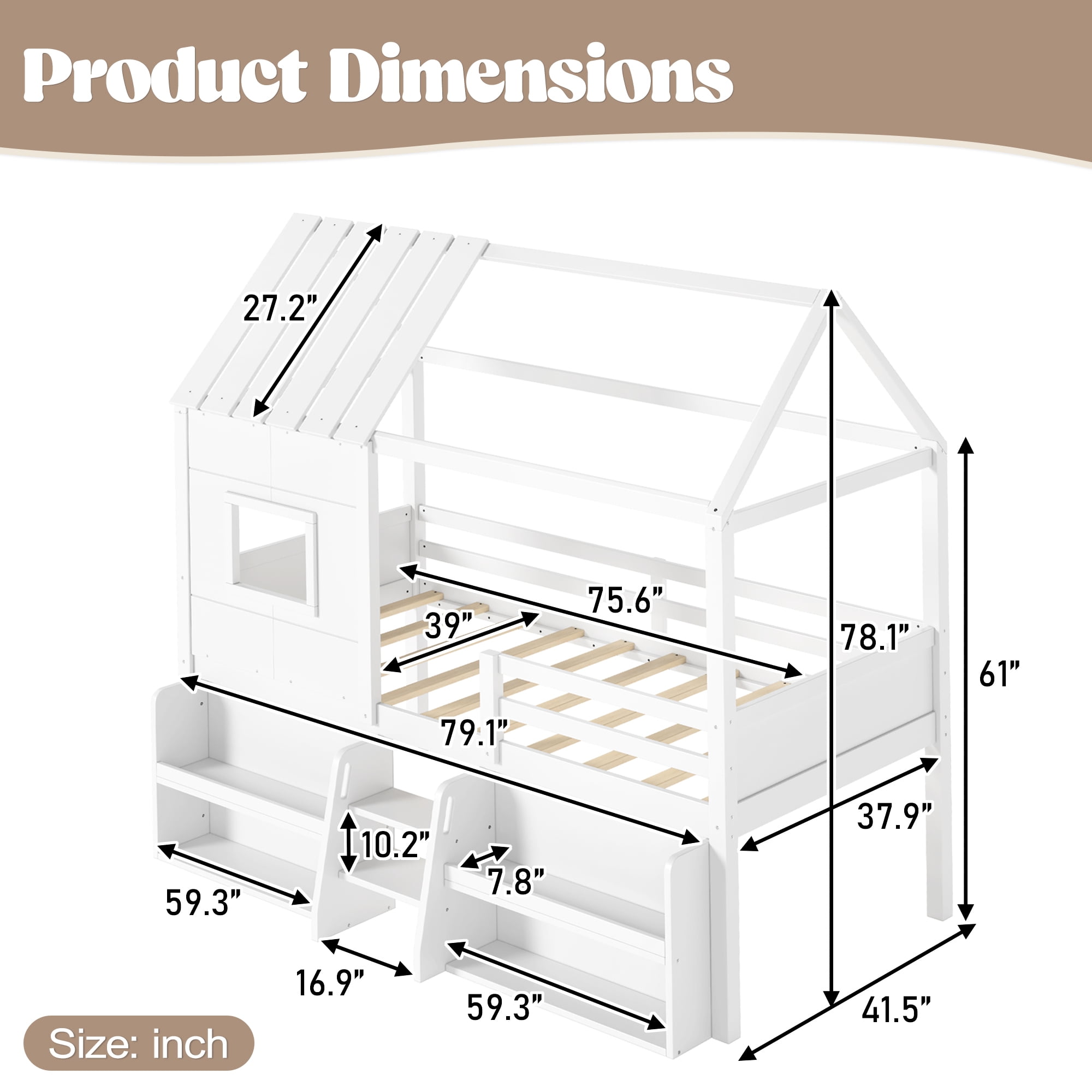 Leumius Twin Size Loft Bed with Storage Shelves and Stairs, House Loft Bed with Playhouse Shape Roof and Window, Childlike and No Box Spring Needed Design, White