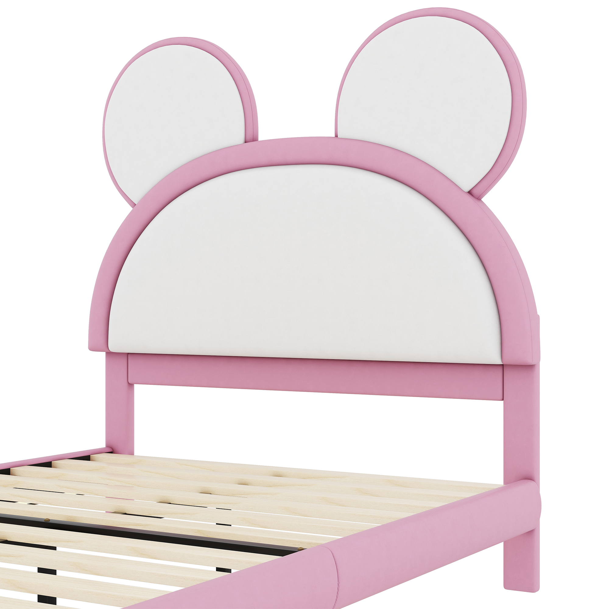 EUROCO Upholstered Full Size Platform Bed with LED Light, PU Leather Cartoon Bed for Kids Teens, Pink