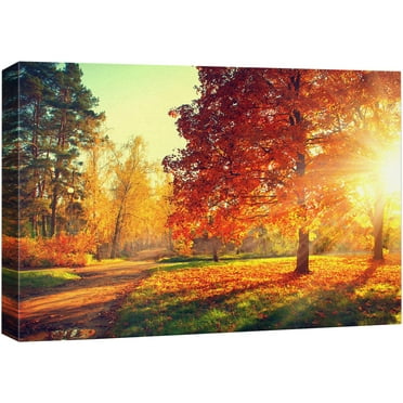 wall26 Canvas Print Wall Art Path Through Red & Orange Autumn Park Nature Wilderness Photography Modern Art Rustic Scenic Colorful Multicolor for Living Room, Bedroom, Office - 16"x24"