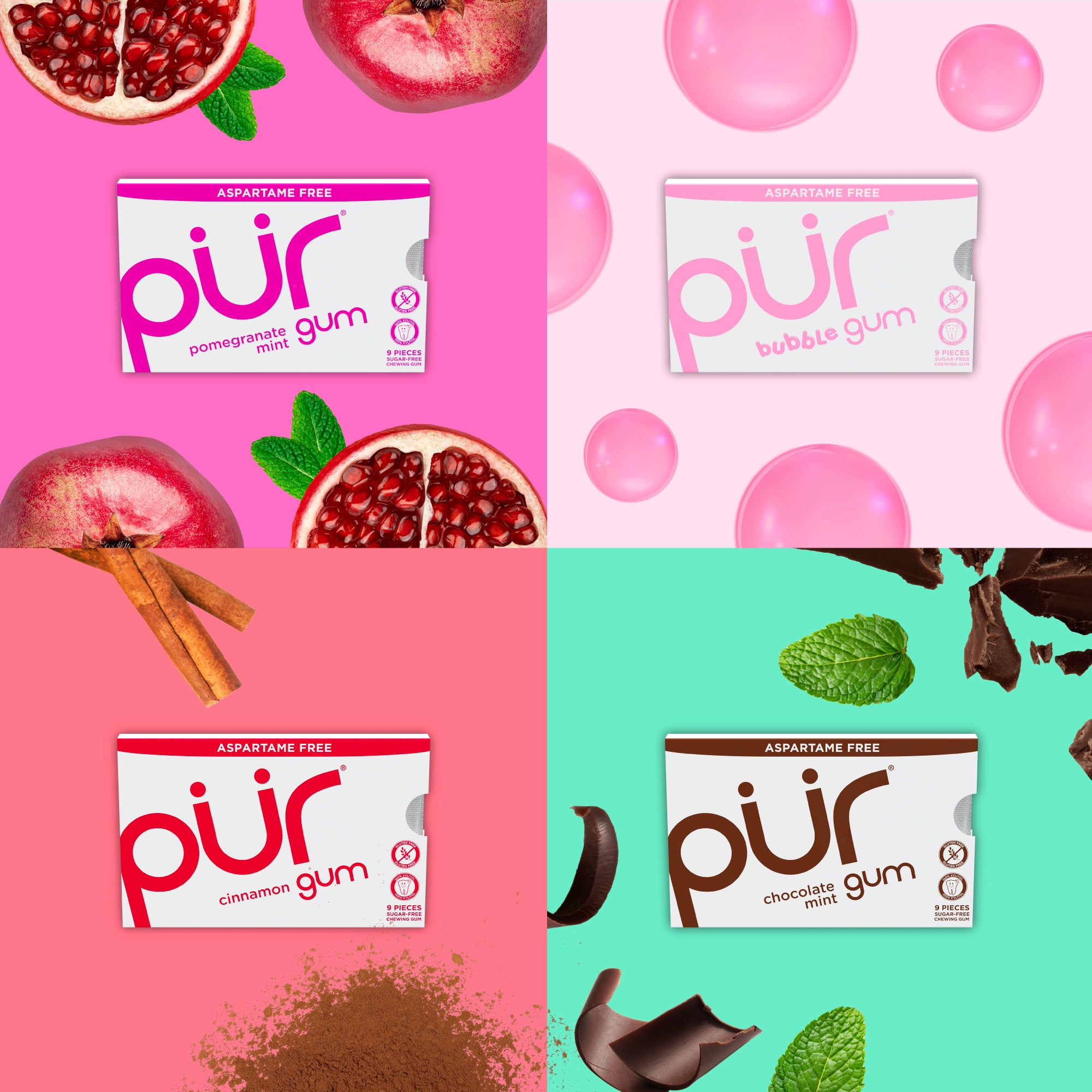 PUR Gum, Aspartame Free, Sugar Free & 100% Xylitol, Chewing Gum, Variety Pack,  9 Pieces, Pack of 8