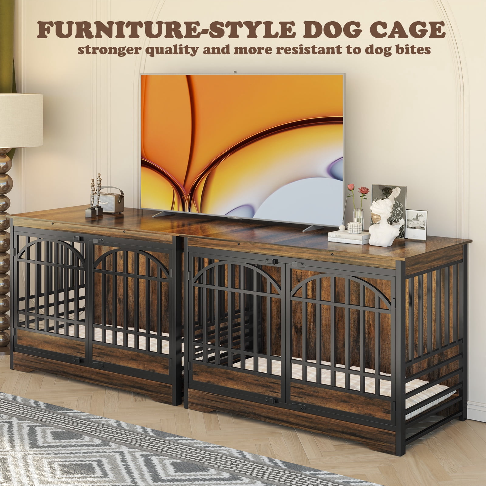 Bel Ark 52 inch Dog Crate Furniture Wooden Indoor Dog Cage XL Indoor Dog Kennel for Extra Large Dog with Double Arched Doors