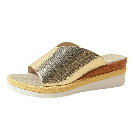 OJSFQUFP Womens Flip Flops Women s Summer Fashion Fish Mouth Slope Heel Thick Bottom Leather Sandals Slippers Casual Comfortable Outing Beach Shoes Ladies Slippers Gold 37