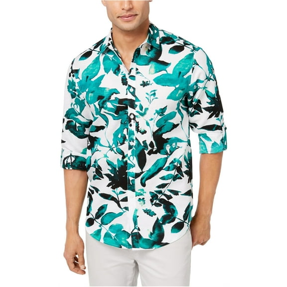 I-N-C Mens Abstract Floral Button Up Shirt, White, Large