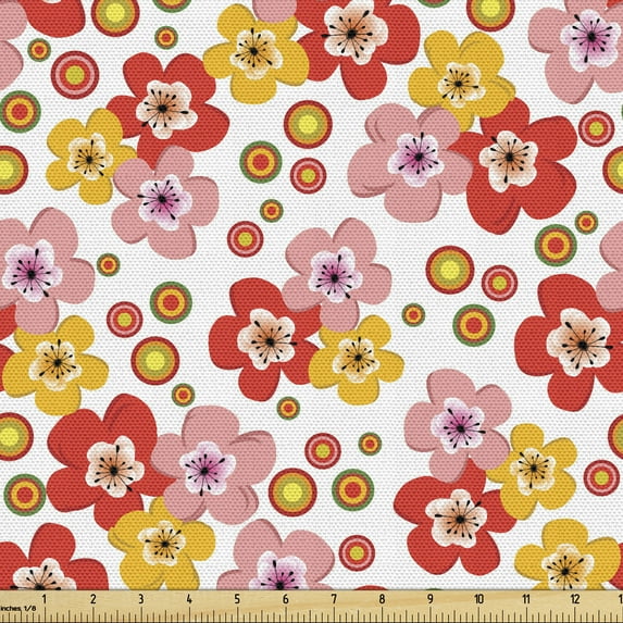 Floral Fabric by the Yard Upholstery, Image of Colorful Spring Flowers and Concentric Dots in Warm Tones, Decorative Fabric for DIY and Home Accents, White Blush and Vermilion by Ambesonne