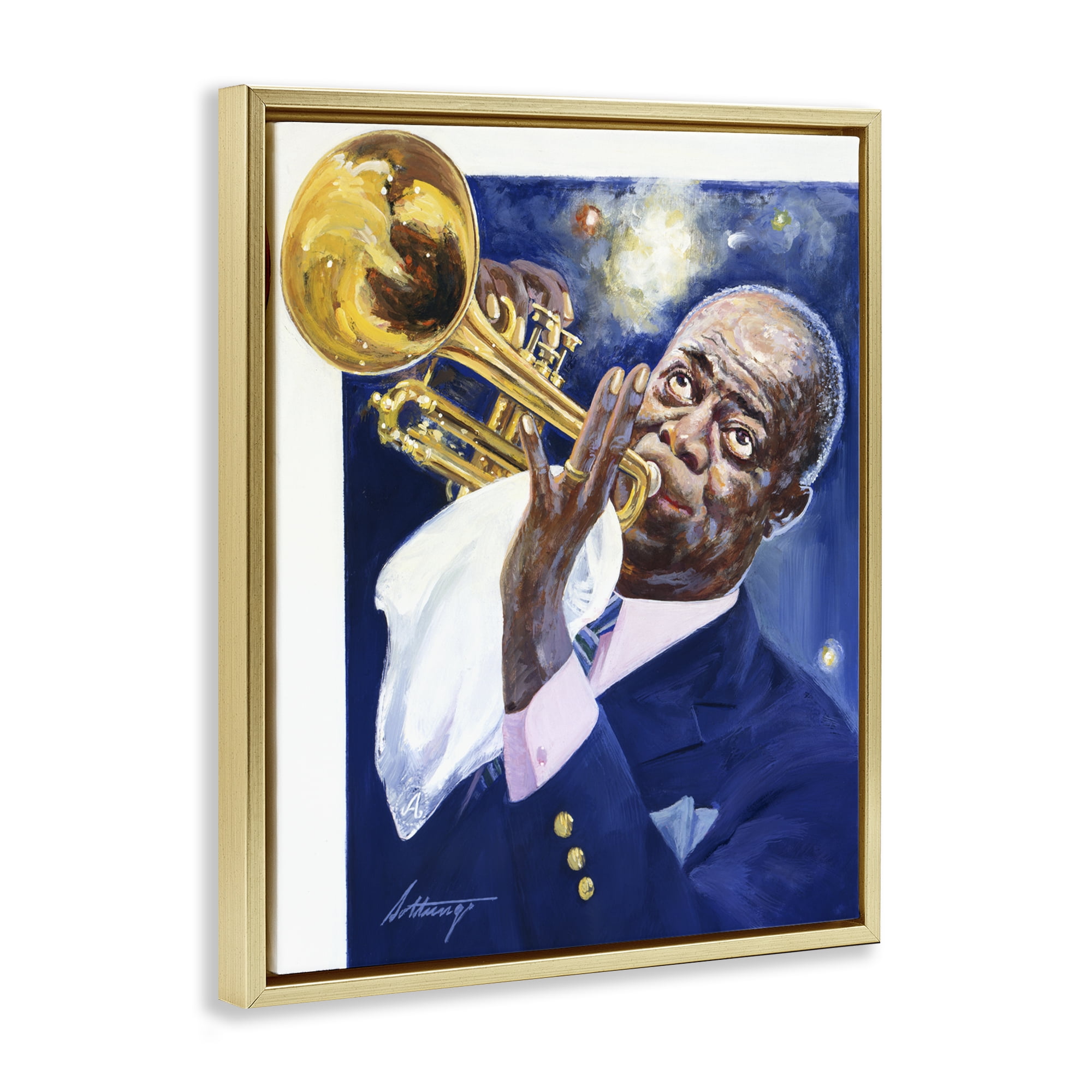 Louis Armstrong Portrait Gold Framed Floater Canvas Wall Art, design by Wind River Studios
