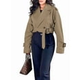 thumbnail image 2 of Females Cropped Bike Jacket Casual Double Breasted Trench Coat with Belt Dark Brown L, 2 of 9