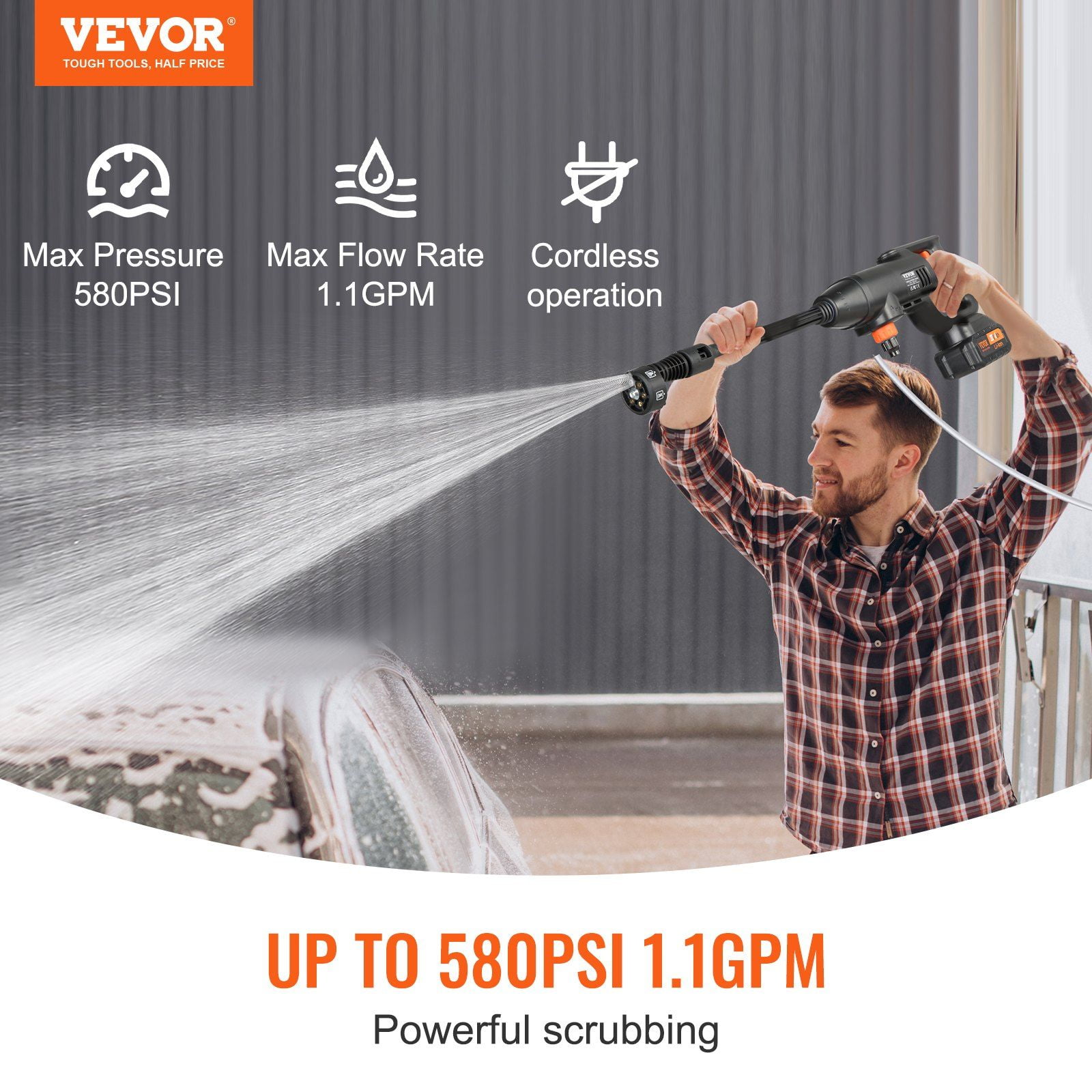 Portable Pressure Washer Gun, 580-PSI 1.1 GPM, Cordless High-Pressure Cleaner with 4.0Ah Battery & Charger, for Car/Home/Watering