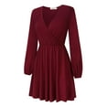 thumbnail image 6 of Furvclv Women Long Puff Sleeve Mini Dress Deep V Neck Solid A-Line Party Casual Dress, 6 of 9