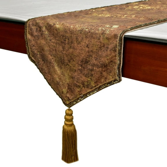 The HomeCentric Decorative Gold Table Runner Coffee Table Runner (14 x 36 inch) Foil, Tassels, Suede fabric Table Linen, Abstract Pattern Modern Style - Shimmer Fest Gold