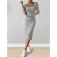 thumbnail image 5 of Women'S Autumn Dress 2 Long Sleeve Square Neck Knit Midi Beach Resort Dress Slit Slim Maxi Dress Grey XL, 5 of 8
