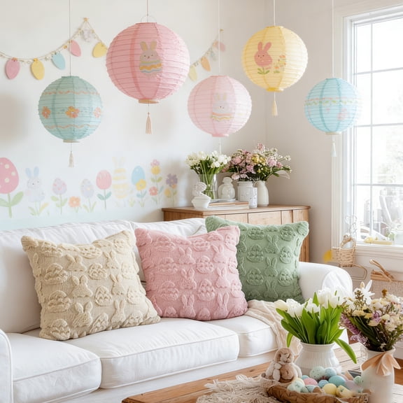 18x18 Inch Easter 3D Embroidered Throw Pillow Cover Beige Decorative Cushion Case for Sofa Bedding Spring Holiday Home Ornamentation Floral Style