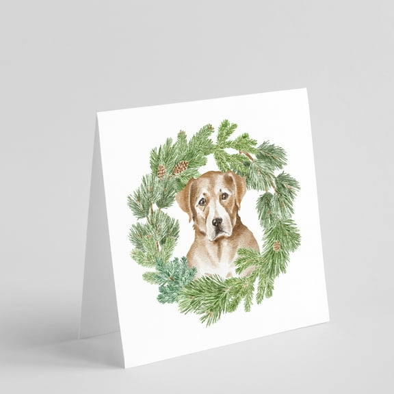 Labrador Retriever Yellow with Christmas Wreath Square Greeting Cards and Envelopes Pack of 8 5 in x 5 in