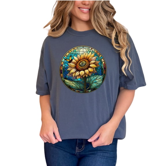 Sunflower Art T-Shirt, Stained Glass Design, Nature Inspired Tee, Botanical Graphic Shirt, Unique Gift Idea, Artistic Apparel, Unisex, Denim Comfort Colors T-Shirt, Small