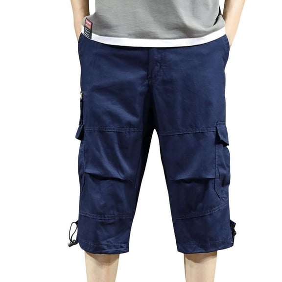 Kilaqueen Cargo Pants for Men Cotton Ripstop Straight Leg Below Knee Capri Pants with Pockets Solid Color Trendy Hiking Daily Pants with Belt