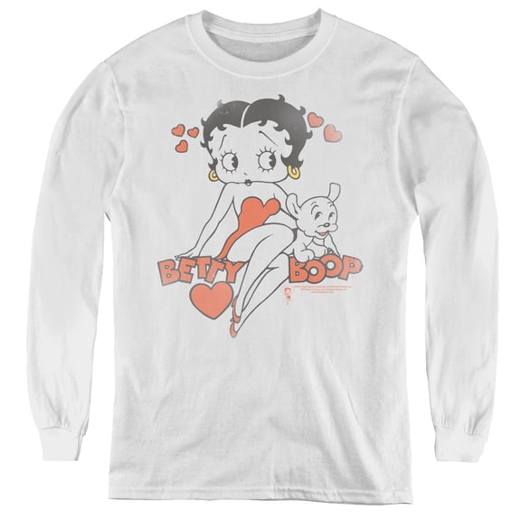 Betty Boop Classic With Pup Youth Long Sleeve T-Shirt Tee White
