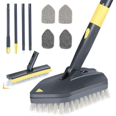 Bathroom Tub and Tile Scrubber, 4 in 1 Long Handled Shower Cleaning Brush with Replaceable Grout Brush Stiff Bristles Brush Scouring Pad and Microfiber Cloth for Toilet Sink Glass Wall Floor