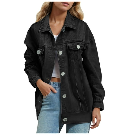 YDFCWXW Women's Casual Loose Jean Coat Oversized Long Sleeve Button Down Denim Jacket Black, XL