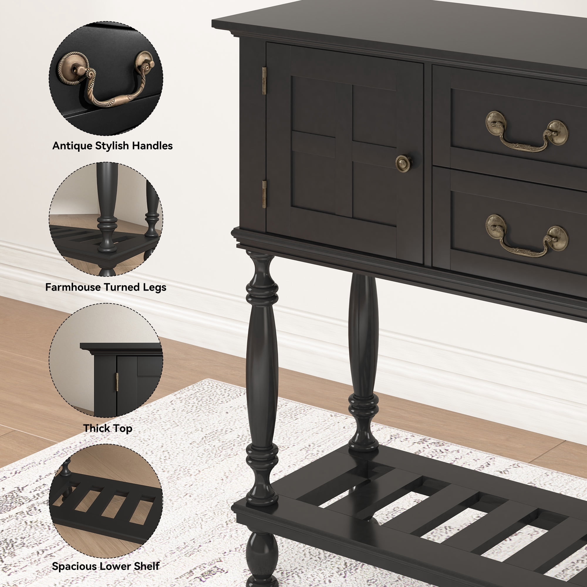 ZOSQUARE 42" Black Console Table with 2 Drawers and Cabinets, Farmhouse Entryway Table with Turned Legs and Bottom Shelf, Vintage Sofa Table for Living Room