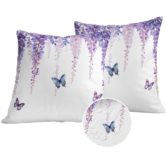 Wisteria Outdoor Pillow Covers 16x16 Set of 2,Waterproof Patio Throw Pillowcase Protectors,Purple Flowers Butterflies Vintage Spring Decorative Pillow Shams Cushion Covers for Seat Bed Couch Sofa