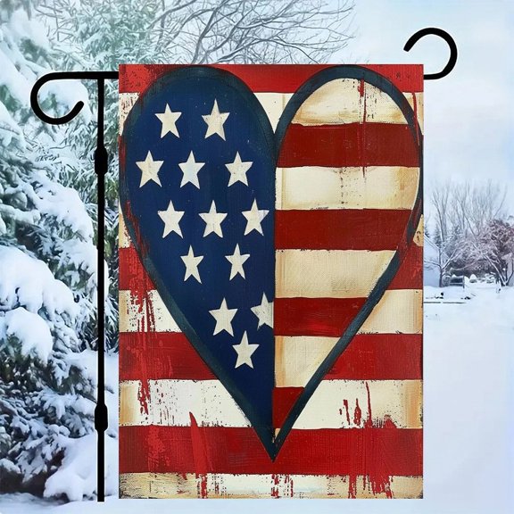RKSupls Patriotic Linen Double Sided Garden Flag, Independence Day Themed Yard Decor, Rustic Heart Flag Wood Outdoor Banner for Holiday Lawn