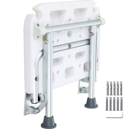 KFFKFF Collapsible PE Shower Bench, Dimensions 15.7'' x 14.8'' When Open, Wall-Mounted Folding Shower Seat Supports Up to 500 lbs