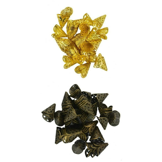 KLKCMS 100 Pieces 16x16mm Antique Bronze and Gold Color Filigree Flower Bead Caps Cone