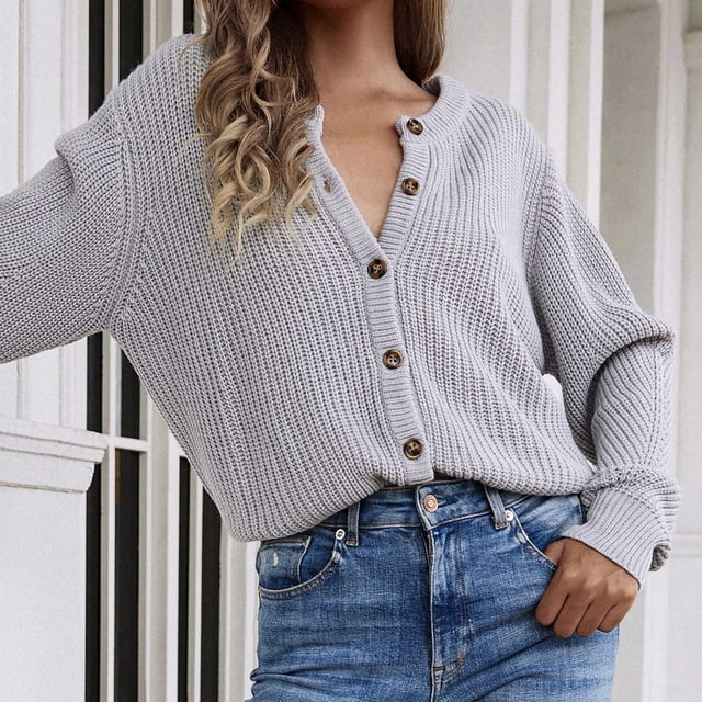 Qertyioot Cardigans pour Femmes, Mode Femme Bouton Réversible Manches Longues Tricot Hauts Amples Blouse