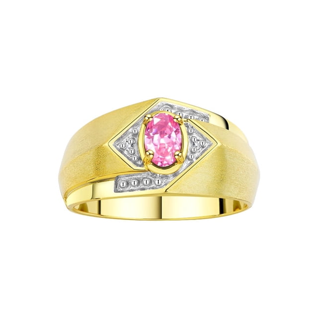 RYLOS Mens Rings 14K Yellow Gold Ring 6X4MM Oval Shape Gemstone & Diamond Ring Pink Ice October Birthstone Rings For Man Gold Rings Size 9