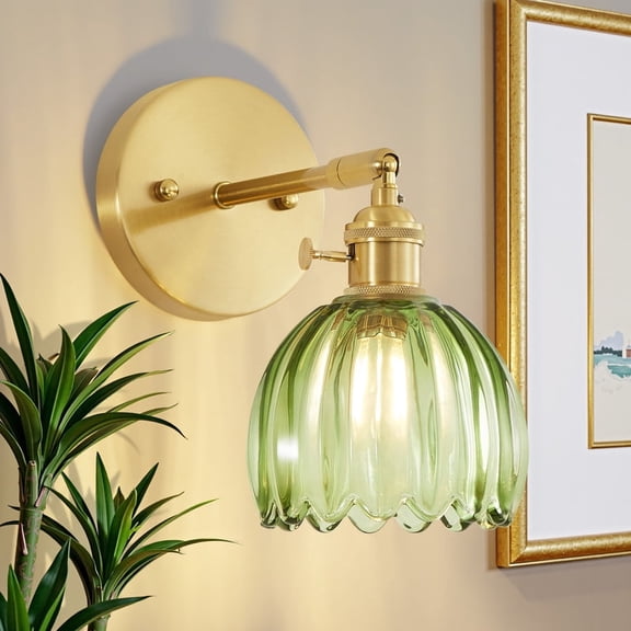 Deyidn 9.36" Green Vintage Wall Sconce with Tulip Glass Shade, 1-Light Bathroom Light Fixture for Entryway or Hallway