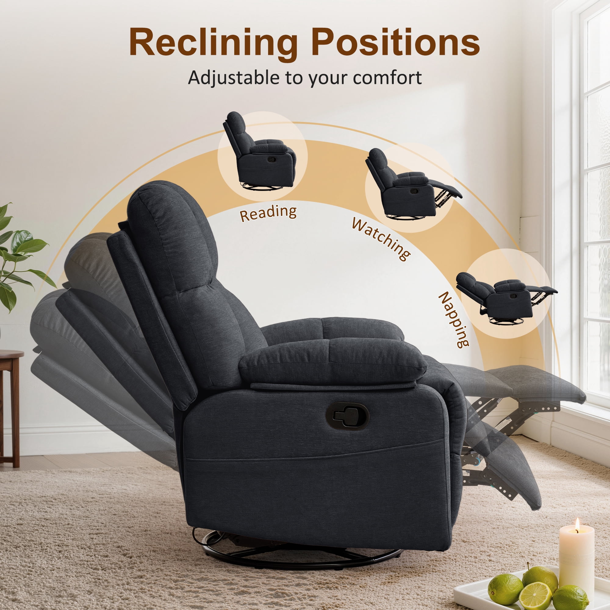 GEEYOO Swivel Rocker Recliner Chair for Adults,360°Swivel Nursery Recliner with Side Pockets,Small Recliner Chair for Small Spaces for Living Room,Linen,Black