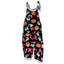 WTOBBY Women's Casual Loose Retro Jumpsuit with Halloween Print, Suspenders in Cotton and Linen Fabric, Adjustable for a Comfortable and Stylish Fit,MulticolorL