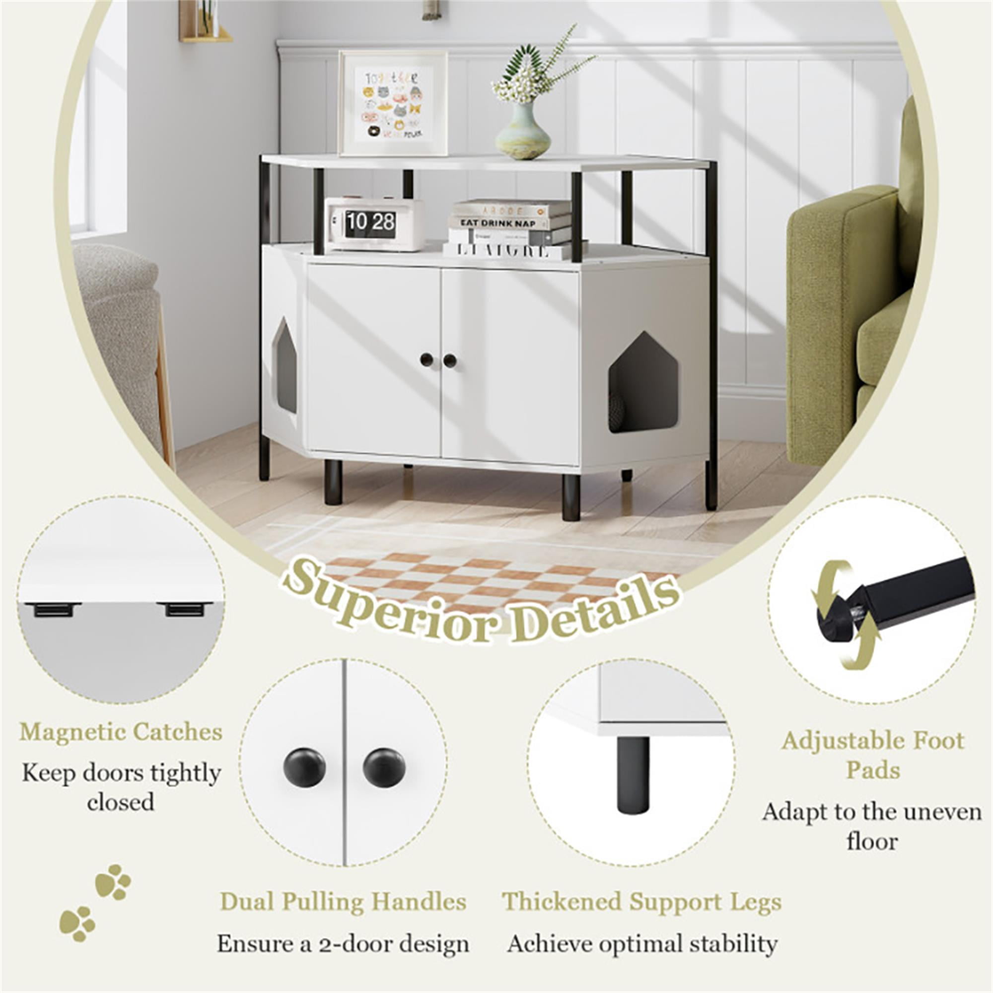 resenkos 41" Large Hidden Cat Litter Box Enclosure Furniture with Shelf, Corner Wood Cat House Cat Washroom with 2 Entrances, White