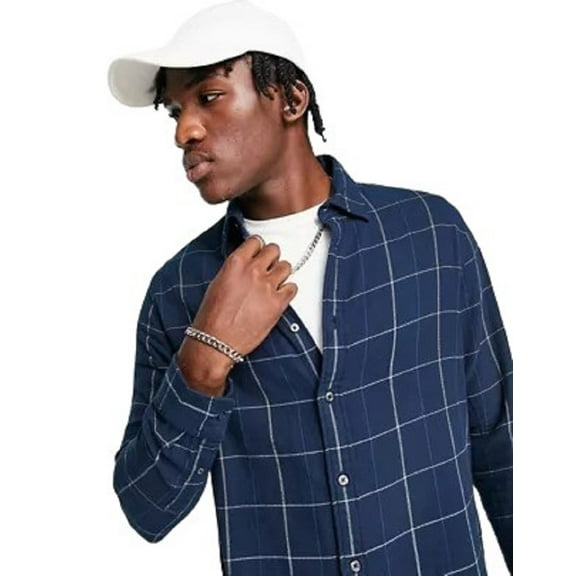Selected Homme Mens Windowpane Twill Check Shirt, Navy, Medium