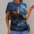 thumbnail image 6 of Lighthouse Sunrise Coast Scenery Pale Blue Tan Women's Short Sleeve Tops Casual Blouses T Shirt, 6 of 6