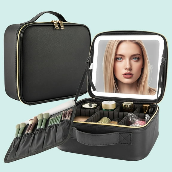 LED Large Capacity Makeup Bag with Mirror, Rechargeable, Portable Travel Makeup Case