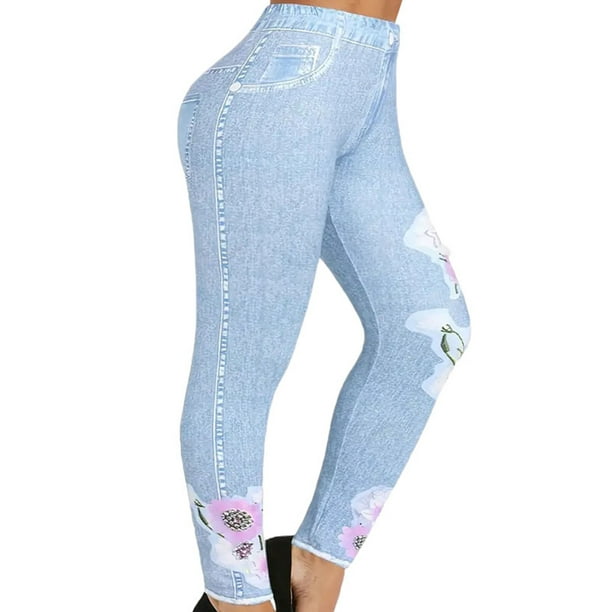 MAWCLOS Ladies Faux Jeans Pant Solid Color Jeggings Tummy Control Leggings  Stretch Running Denim Print Trousers Light Blue XS 