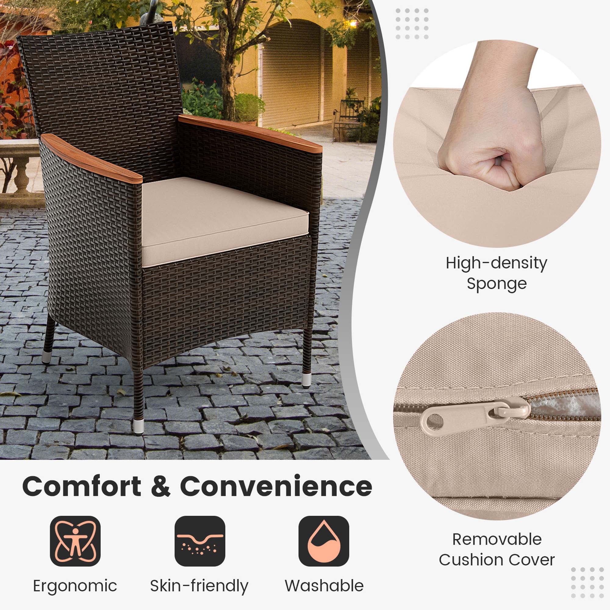 Costway 9PCS Patio Wicker Dining Set Acacia Wood Table Top Umbrella Hole Cushions Chairs