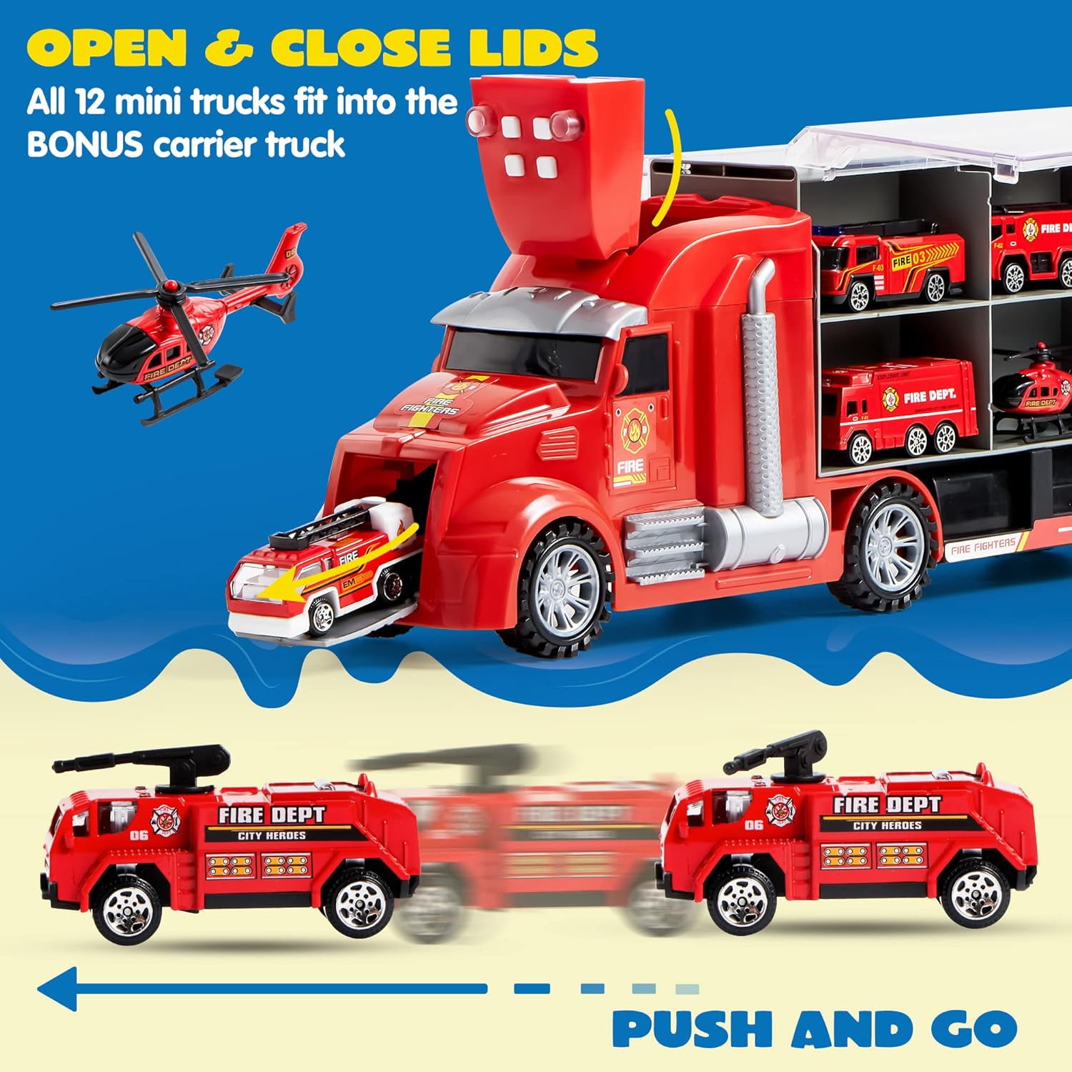 Joyfy 25 in 1 Die-cast Fire Truck Big Toys, Car Transporter Storage Truck with Sounds and Lights, Christmas and Birthday Gifts for Toddlers Kids Boys & Girls